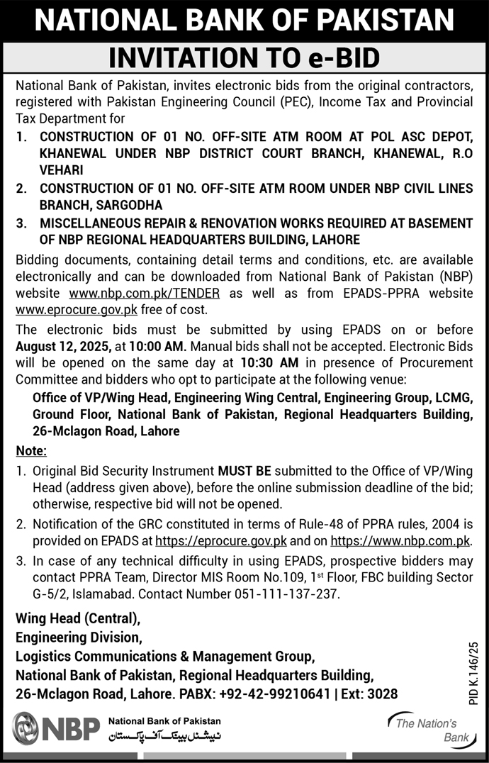 National Bank of Pakistan Lahore Tender Notice